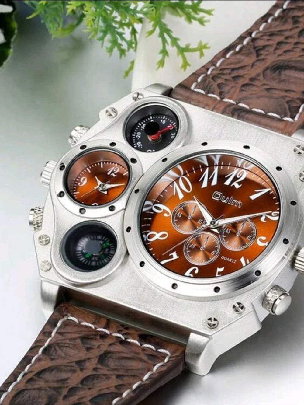 Men's Chunky Multi-Dial Watch with Brown Leather Strap